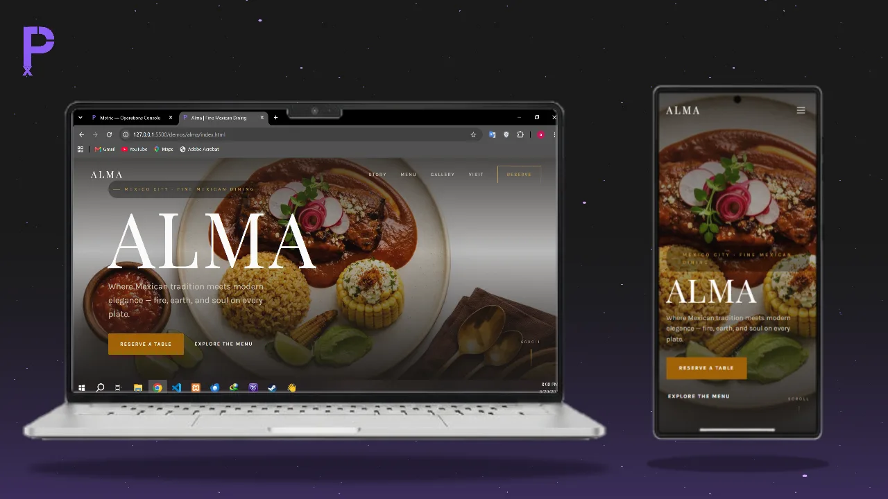 The Alma demo: a Mexican restaurant landing page with a menu carousel