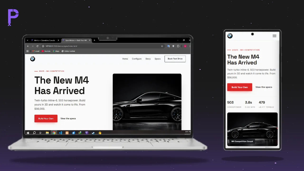 The Apex demo: a BMW dealership sales page with a 3D model viewer